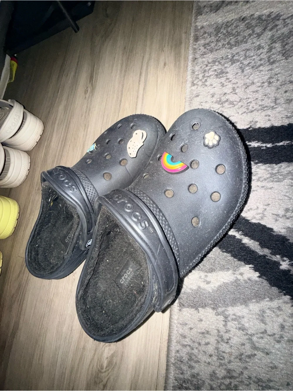 CROCS Kids Black Fuzzy-Lined Slip-Ons with Charms